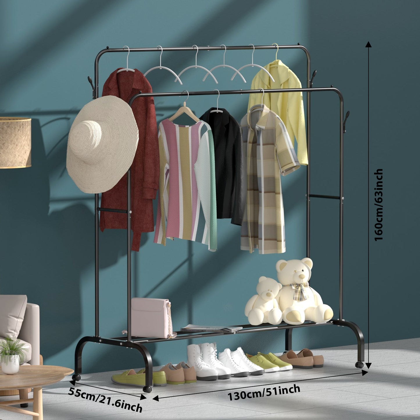 Clothes Rack Metal Clothing Rack with Bottom Shelf Garment Rack for Hanging Clothes Shirts Jeans, Multi - functional Bedroom Clothes Rack,Black+Double - skytreesports
