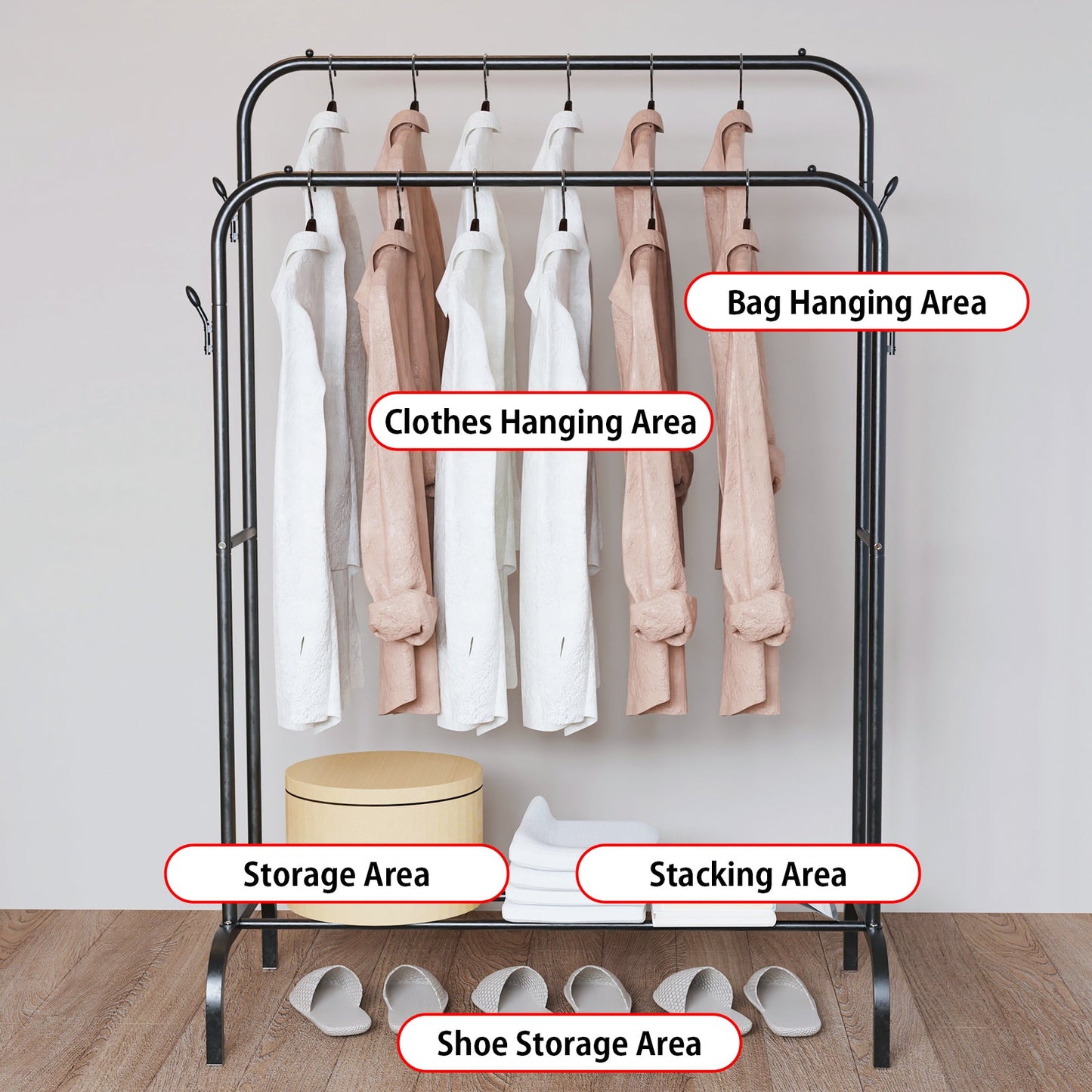 Single And Double Rods Garment Rack, Clothing Rack for Hanging Clothes, 2 And 4 Hooks, Multi - functional Bedroom Clothes Rack, Black - skytreesports