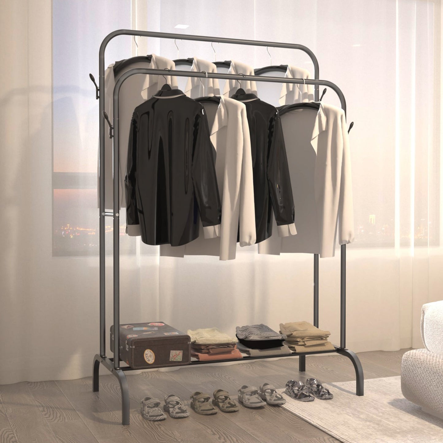 Single And Double Rods Garment Rack, Clothing Rack for Hanging Clothes, 2 And 4 Hooks, Multi - functional Bedroom Clothes Rack, Black - skytreesports