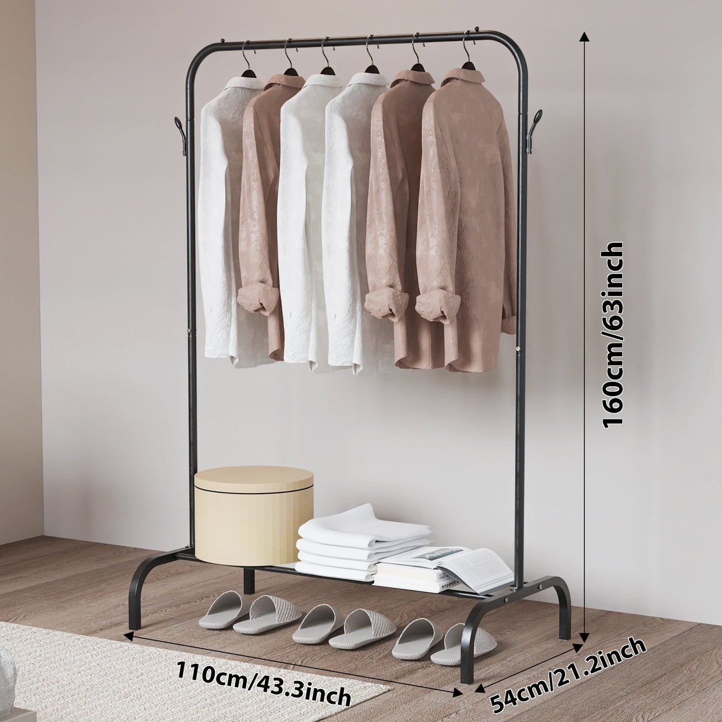 Single And Double Rods Garment Rack, Clothing Rack for Hanging Clothes, 2 And 4 Hooks, Multi - functional Bedroom Clothes Rack, Black - skytreesports