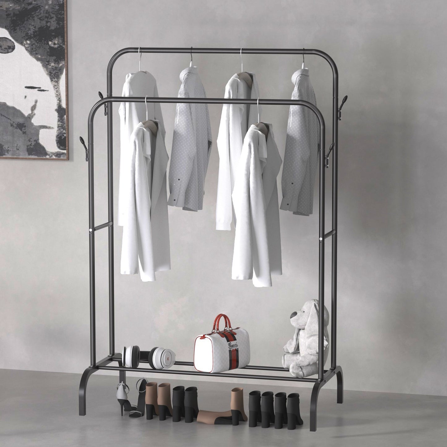 Single And Double Rods Garment Rack, Clothing Rack for Hanging Clothes, 2 And 4 Hooks, Multi - functional Bedroom Clothes Rack, Black - skytreesports