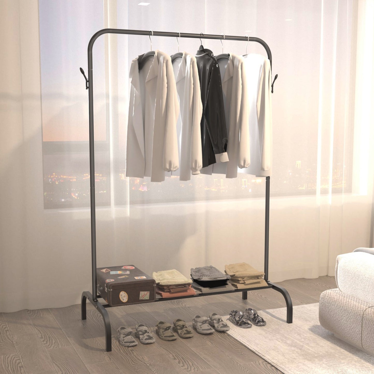 Single And Double Rods Garment Rack, Clothing Rack for Hanging Clothes, 2 And 4 Hooks, Multi - functional Bedroom Clothes Rack, Black - skytreesports
