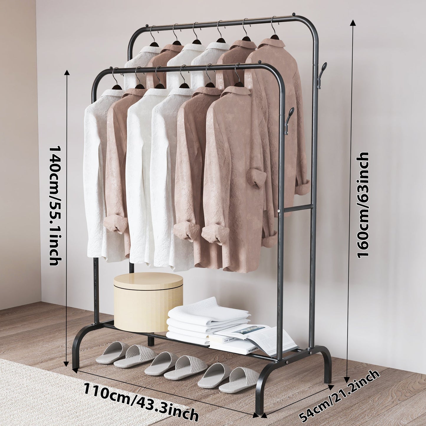 Single And Double Rods Garment Rack, Clothing Rack for Hanging Clothes, 2 And 4 Hooks, Multi - functional Bedroom Clothes Rack, Black - skytreesports