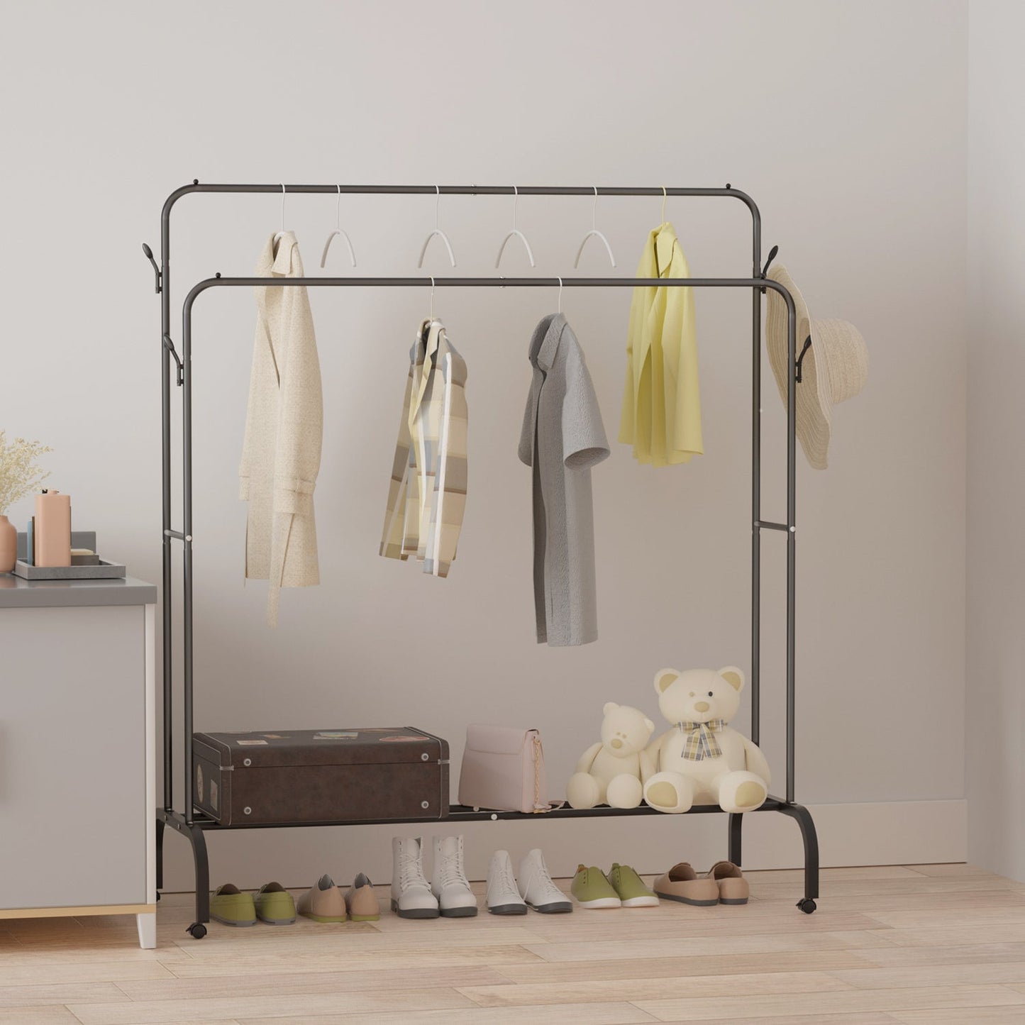 Clothes Rack Metal Clothing Rack with Bottom Shelf Garment Rack for Hanging Clothes Shirts Jeans, Multi - functional Bedroom Clothes Rack，Black+Double - skytreesports