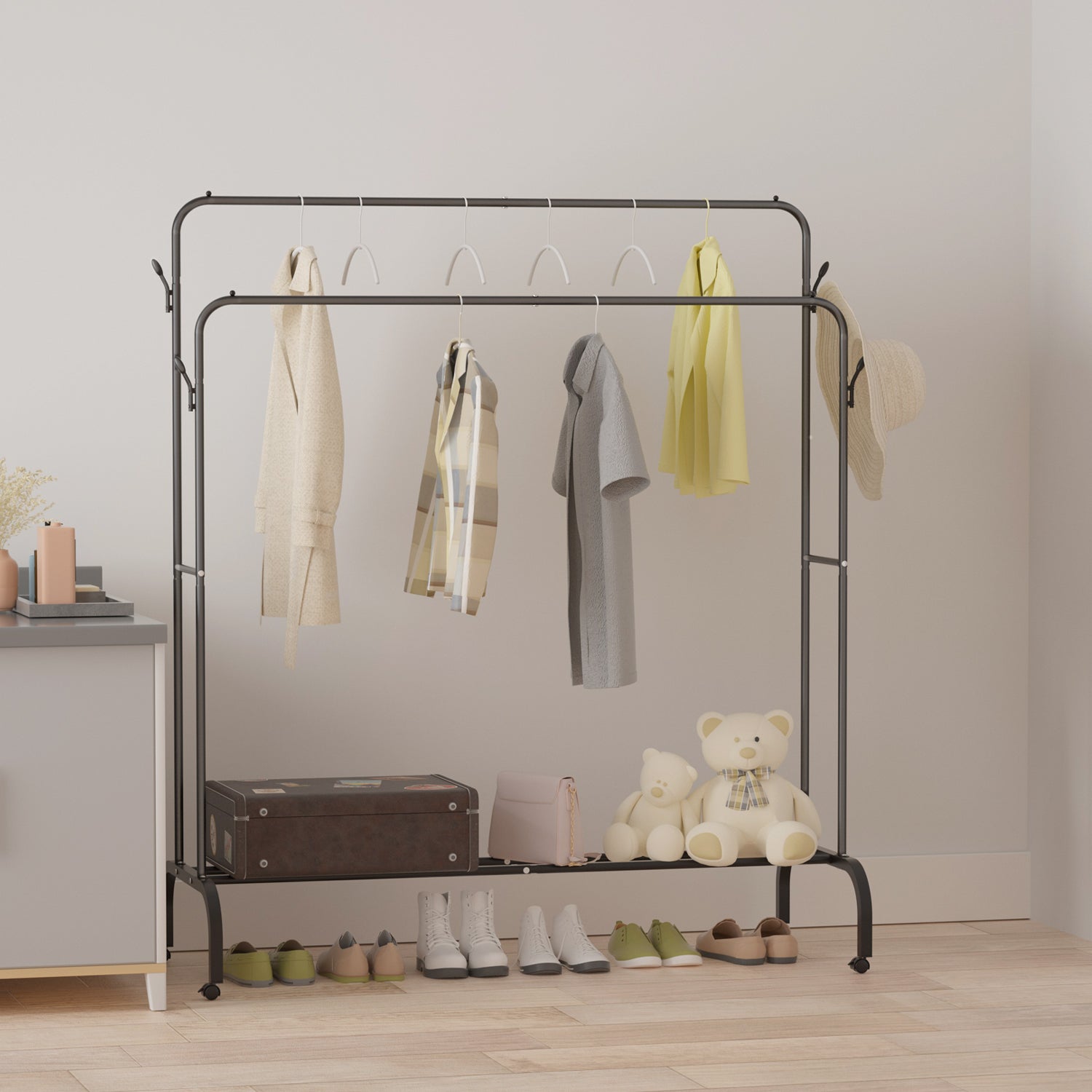 Clothes Rack Metal Clothing Rack with Bottom Shelf Garment Rack for Hanging Clothes Shirts Jeans, Multi - functional Bedroom Clothes Rack，Black+Double - skytreesports