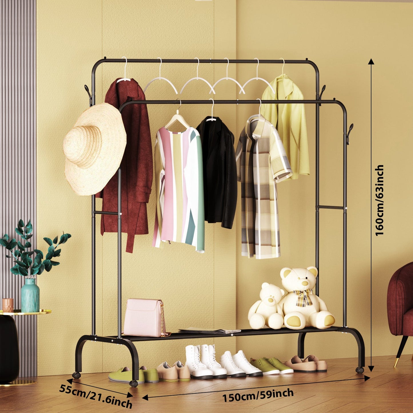 Clothes Rack Metal Clothing Rack with Bottom Shelf Garment Rack for Hanging Clothes Shirts Jeans, Multi - functional Bedroom Clothes Rack，Black+Double - skytreesports