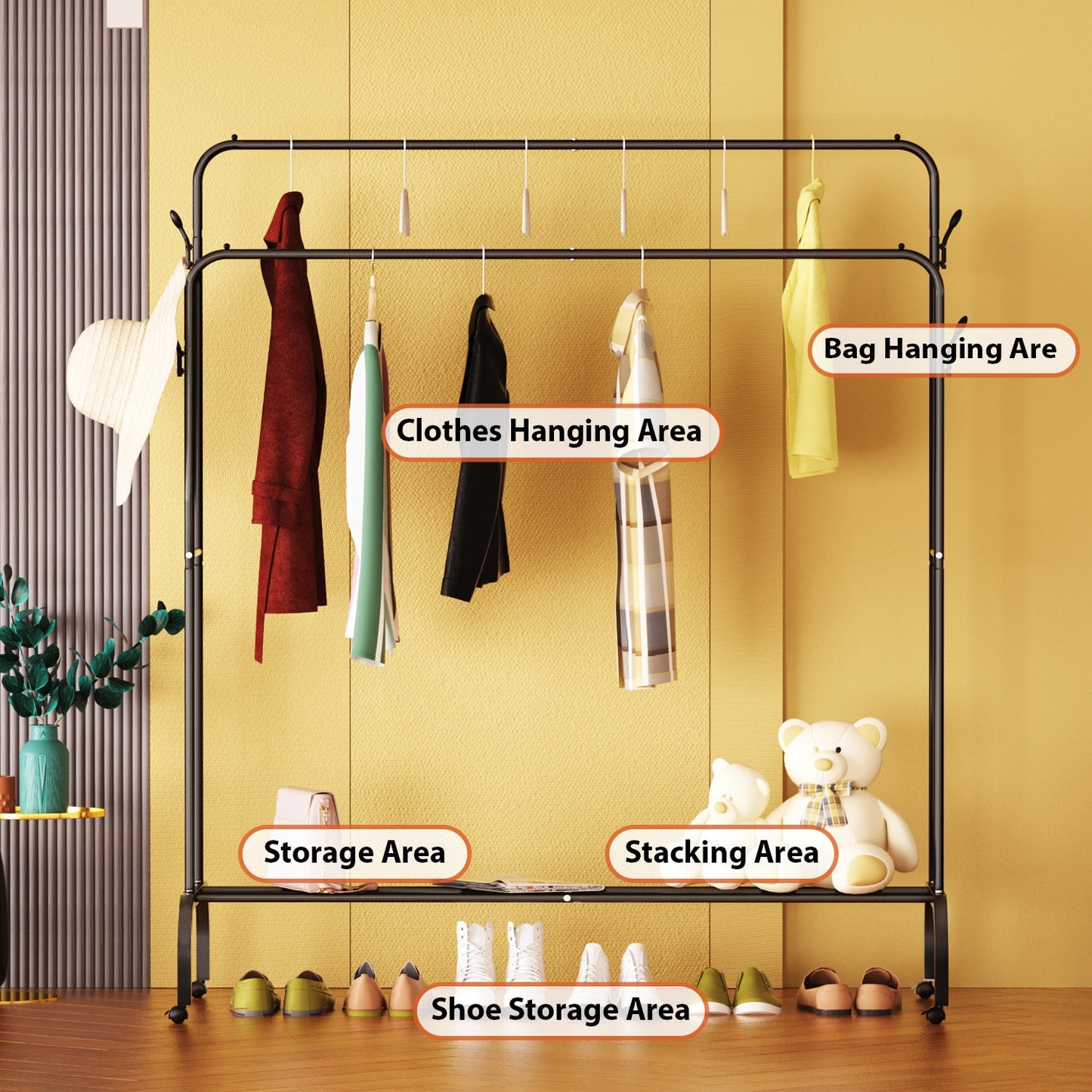 Clothes Rack Metal Clothing Rack with Bottom Shelf Garment Rack for Hanging Clothes Shirts Jeans, Multi - functional Bedroom Clothes Rack，Black+Double - skytreesports