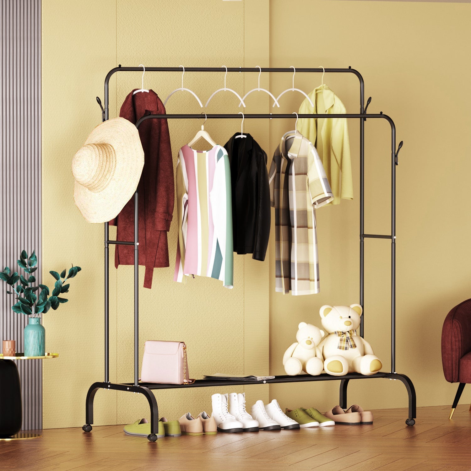 Clothes Rack Metal Clothing Rack with Bottom Shelf Garment Rack for Hanging Clothes Shirts Jeans, Multi - functional Bedroom Clothes Rack，Black+Double - skytreesports