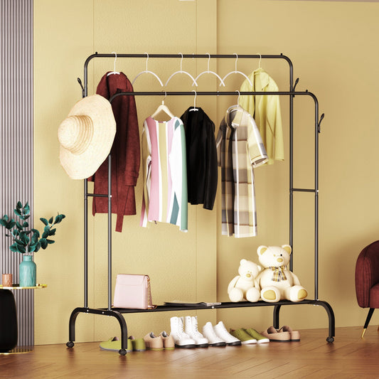 Clothes Rack Metal Clothing Rack with Bottom Shelf Garment Rack for Hanging Clothes Shirts Jeans, Multi - functional Bedroom Clothes Rack，Black+Double - skytreesports