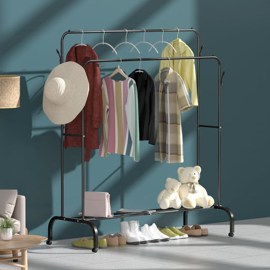 Clothes Rack Metal Clothing Rack with Bottom Shelf Garment Rack for Hanging Clothes Shirts Jeans, Multi - functional Bedroom Clothes Rack，Black+Double - skytreesports