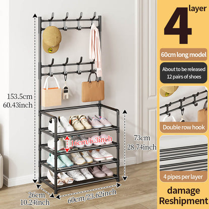 4-Tier Freestanding Shoe Rack with 8 Coat Hooks - Black