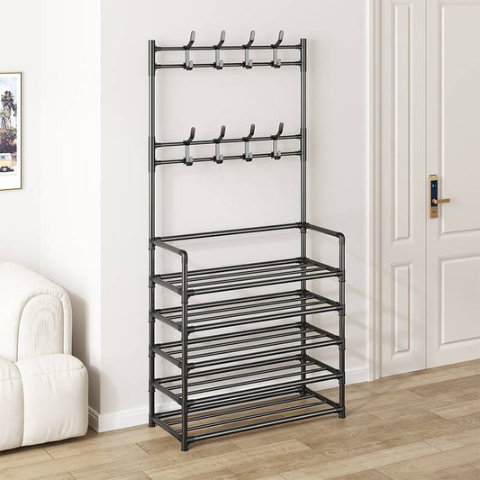 4-Tier Freestanding Shoe Rack with 8 Coat Hooks - Black