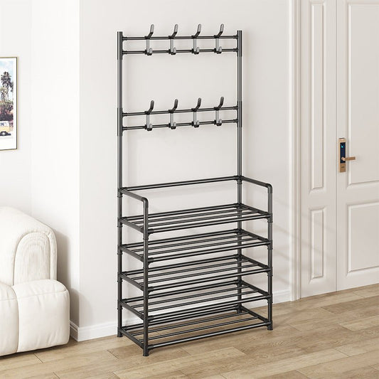 Coat Rack Shoe Rack With Storage Shelf Freestanding with 8 Hooks for Entryway Bedroom Closet 4 Tier and 5 Tier, Black - skytreesports