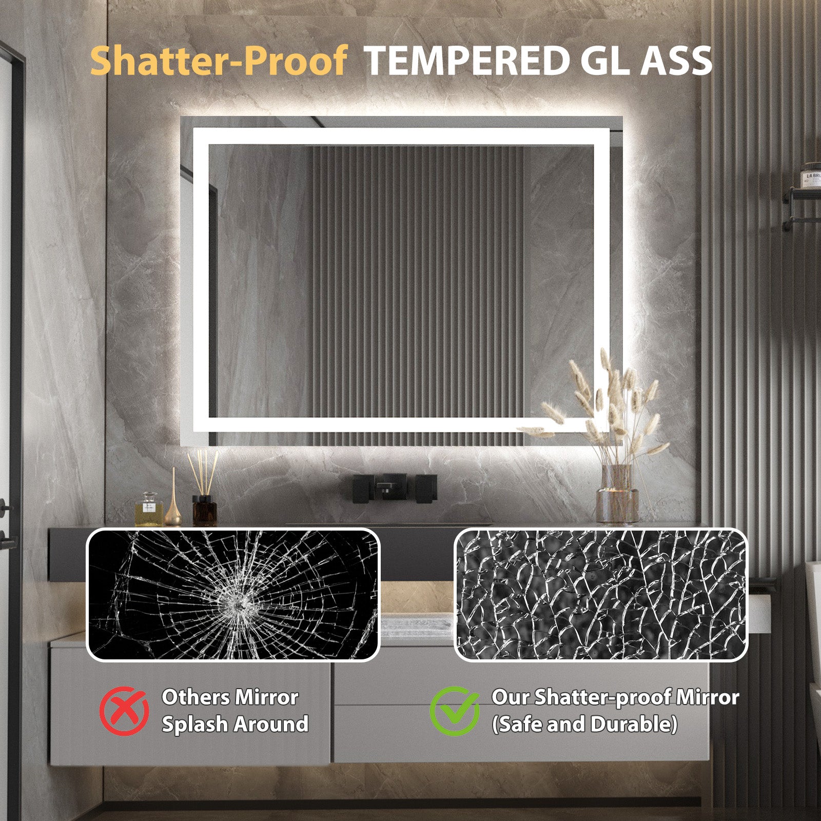 LED Bathroom Mirror With Lights, 48×36 Inch, Wall Vanity LED Mirror Tempered Glass Stepless Dimmable, Double Front And Back Light, Anti - Fog, Memory Smart Mirror For Bathroom - skytreesports
