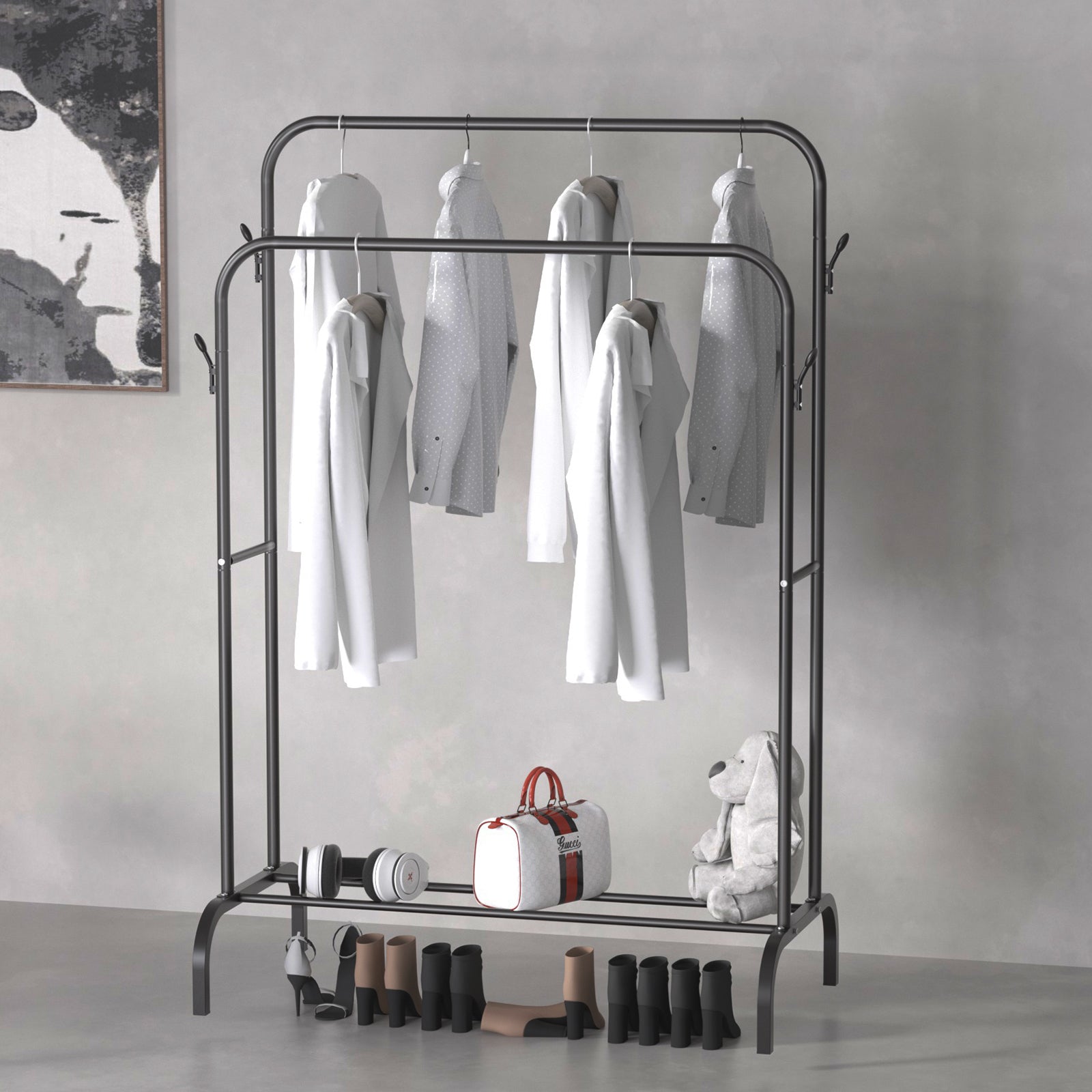 Single And Double Rods Garment Rack, Clothing Rack for Hanging Clothes, 2 And 4 Hooks, Multi - functional Bedroom Clothes Rack, Black - skytreesports