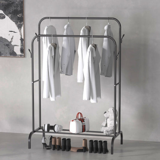 Single And Double Rods Garment Rack, Clothing Rack for Hanging Clothes, 2 And 4 Hooks, Multi - functional Bedroom Clothes Rack, Black - skytreesports