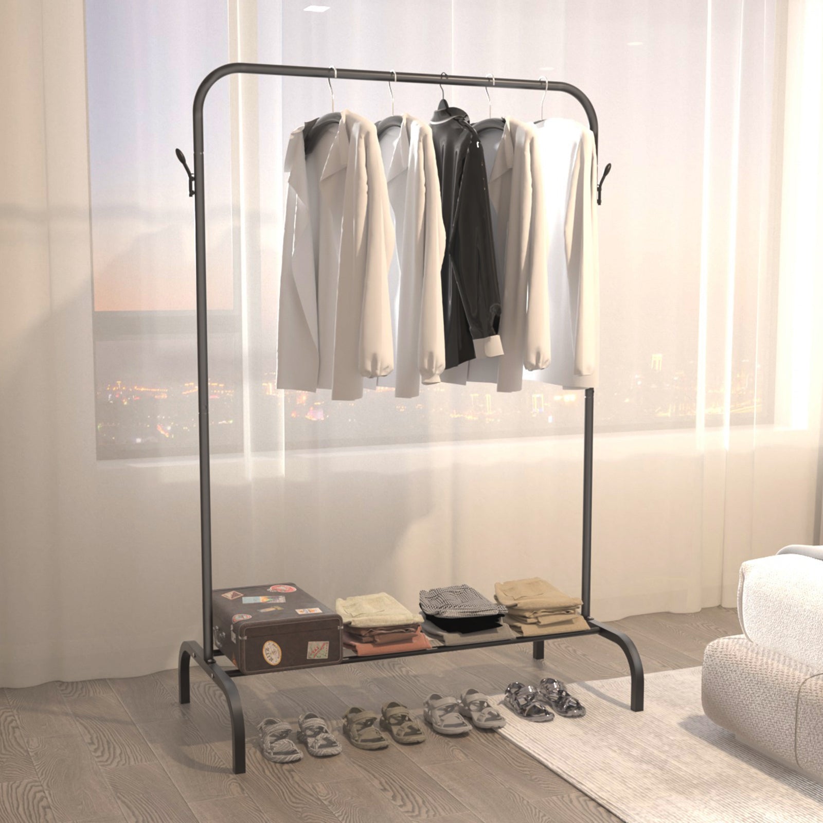 Single And Double Rods Garment Rack, Clothing Rack for Hanging Clothes, 2 And 4 Hooks, Multi - functional Bedroom Clothes Rack, Black - skytreesports